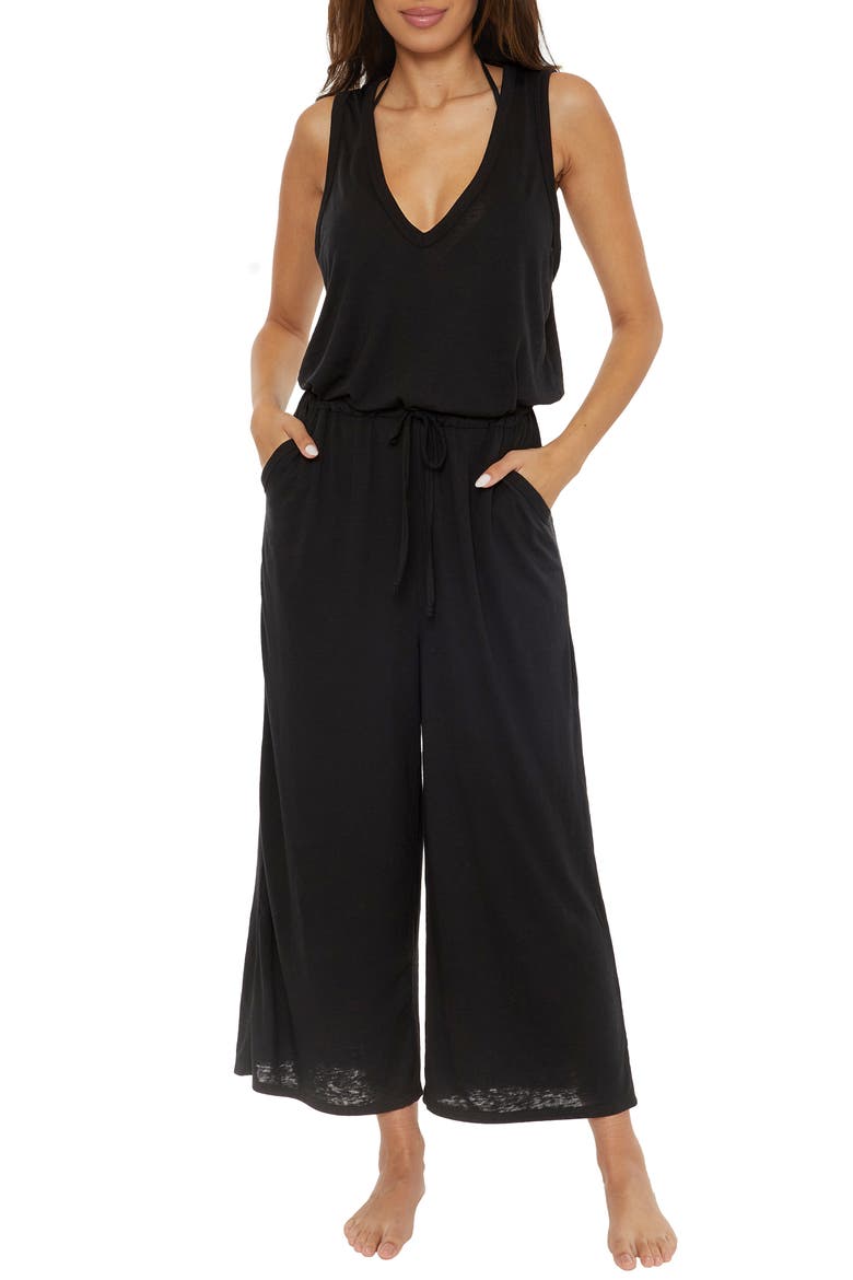 Beach Date Wide Leg Cover-Up Jumpsuit, Main, color, BLACK