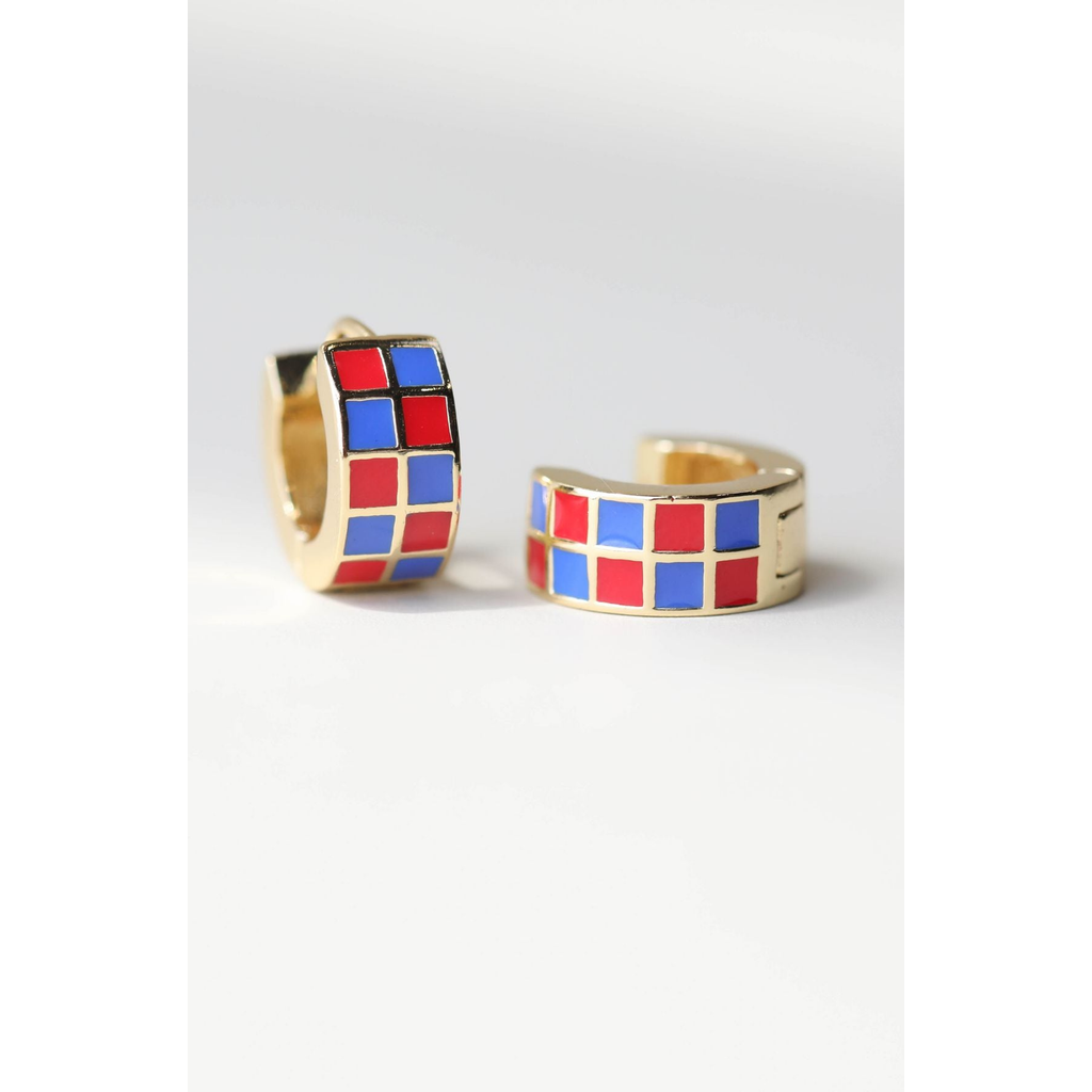 Nickel & Suede Checkered Enamel Huggies