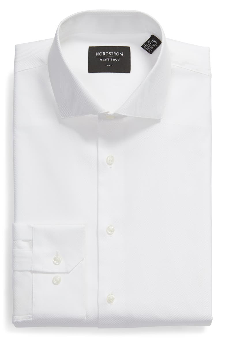 Trim Fit Herringbone Dress Shirt, Alternate, color, WHITE