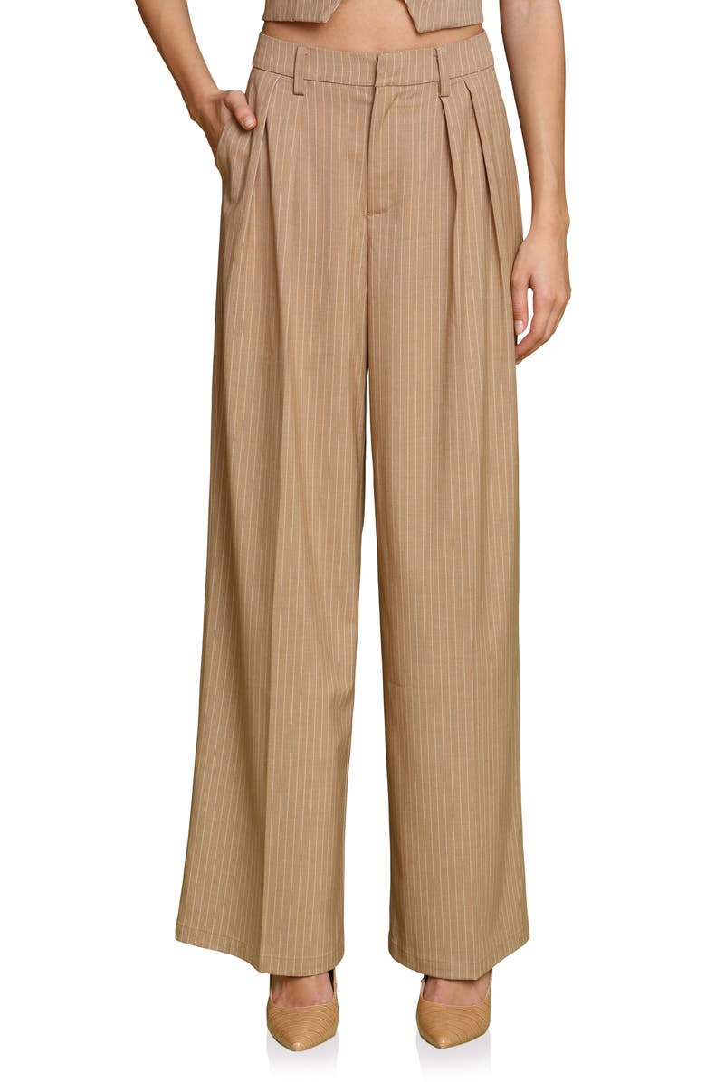 Avec Les Filles Pinstripe High Waist Wide Leg Pleat Front Pants, Main, color, Camel Pinstripe