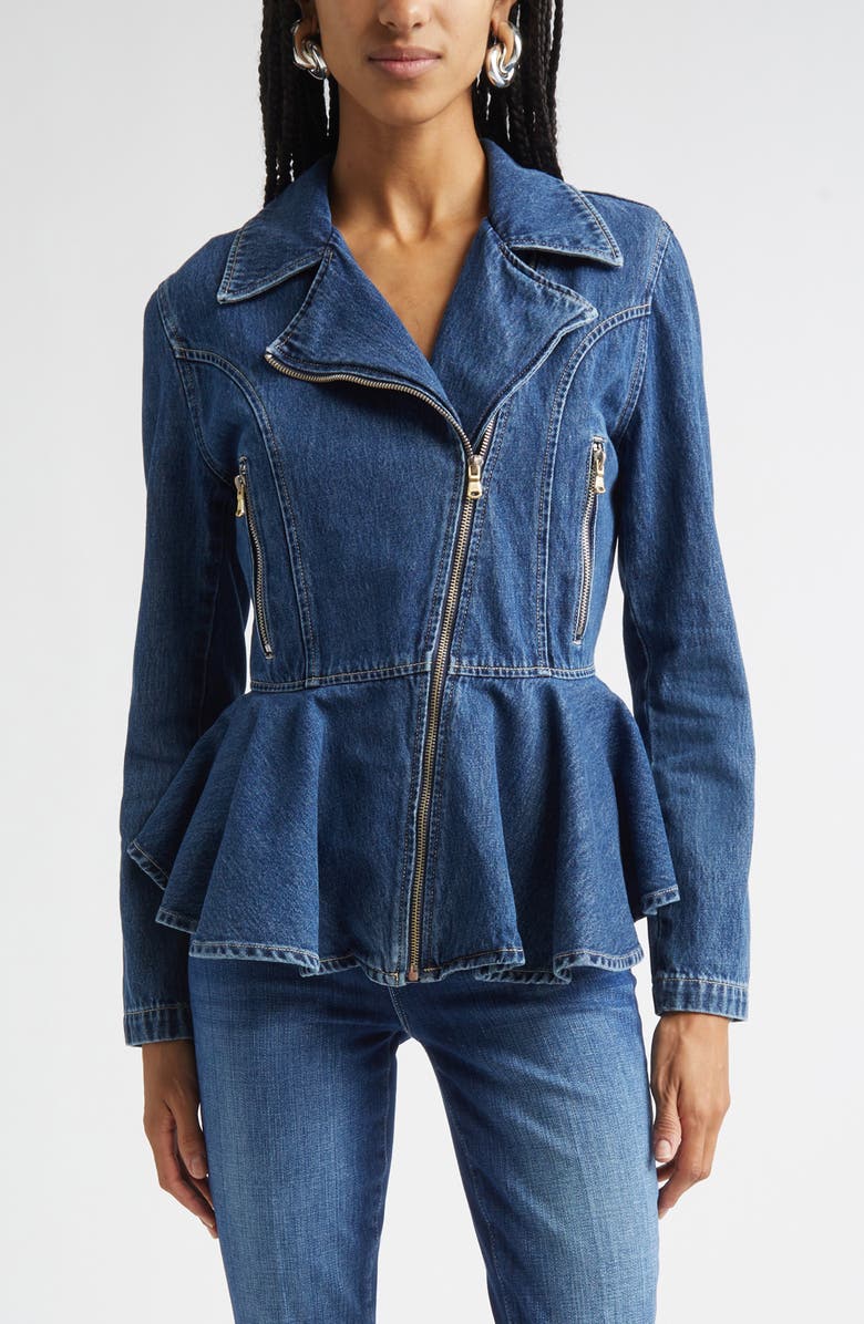 L'AGENCE Moxie Denim Peplum Biker Jacket, Main, color, Norton