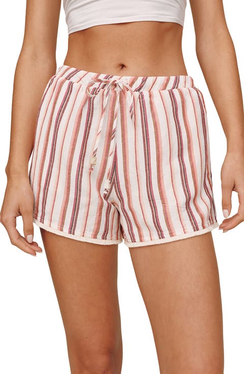Stripe Fringe Hem Linen Blend Drawstring Shorts