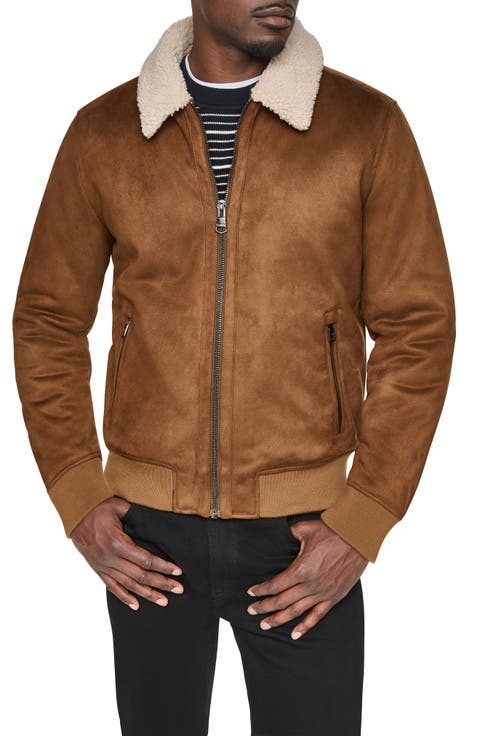 Faux Leather Bomber Jacket with Faux Fur Collar