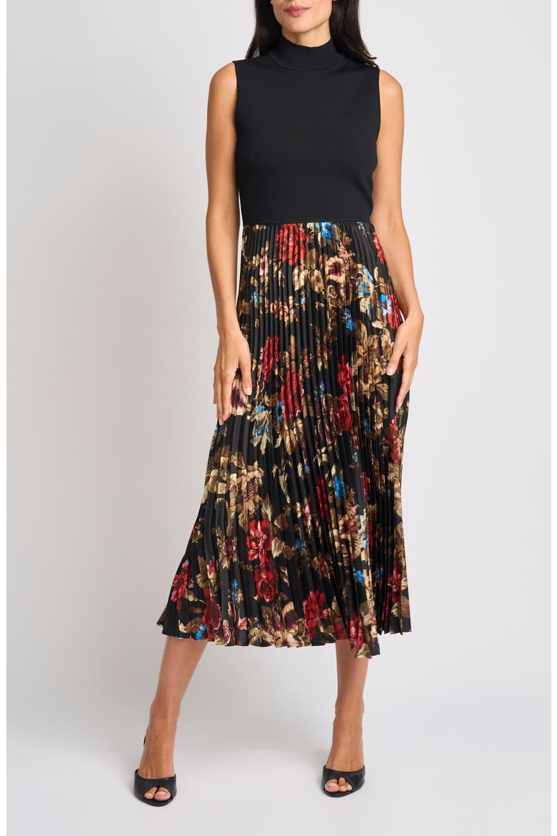 Mock Neck Pleated Maxi Dress, Main, color, RICH BLACK