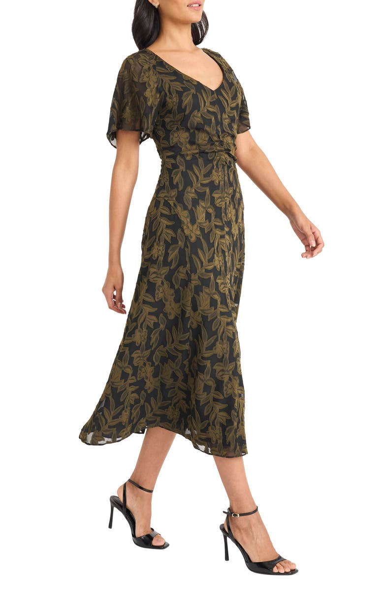 Maggy London Ruched Flutter Sleeve Dress, Alternate, color, Black/ Olive