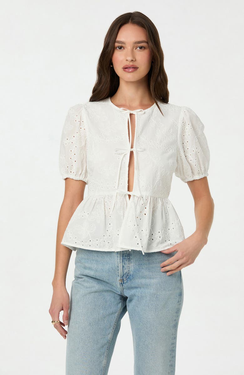 ASTR the Label Eyelet Embroidered Cotton Tie Front Peplum Top, Alternate, color, White