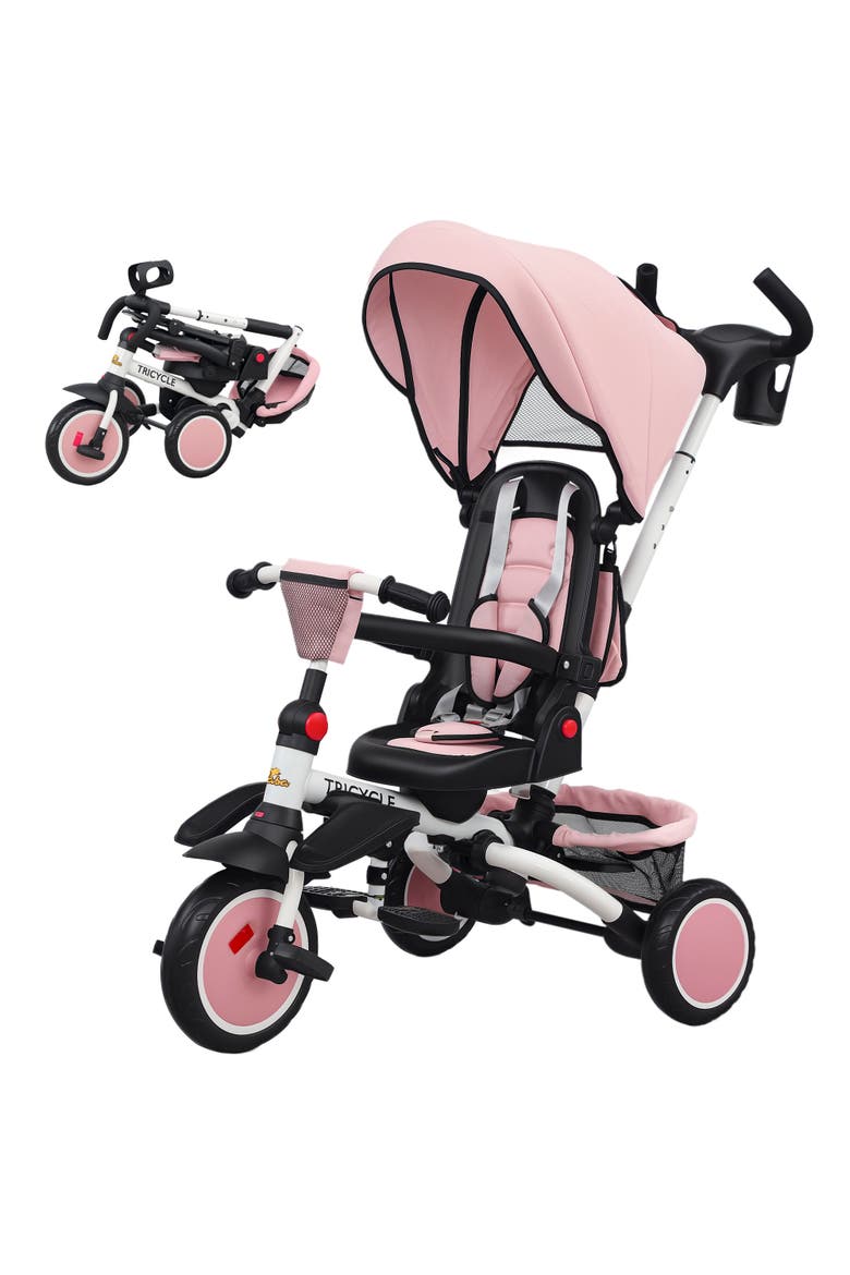 Kids Tricycle with Adjustable Push Handle and Removable Canopy, Main, color, Pink