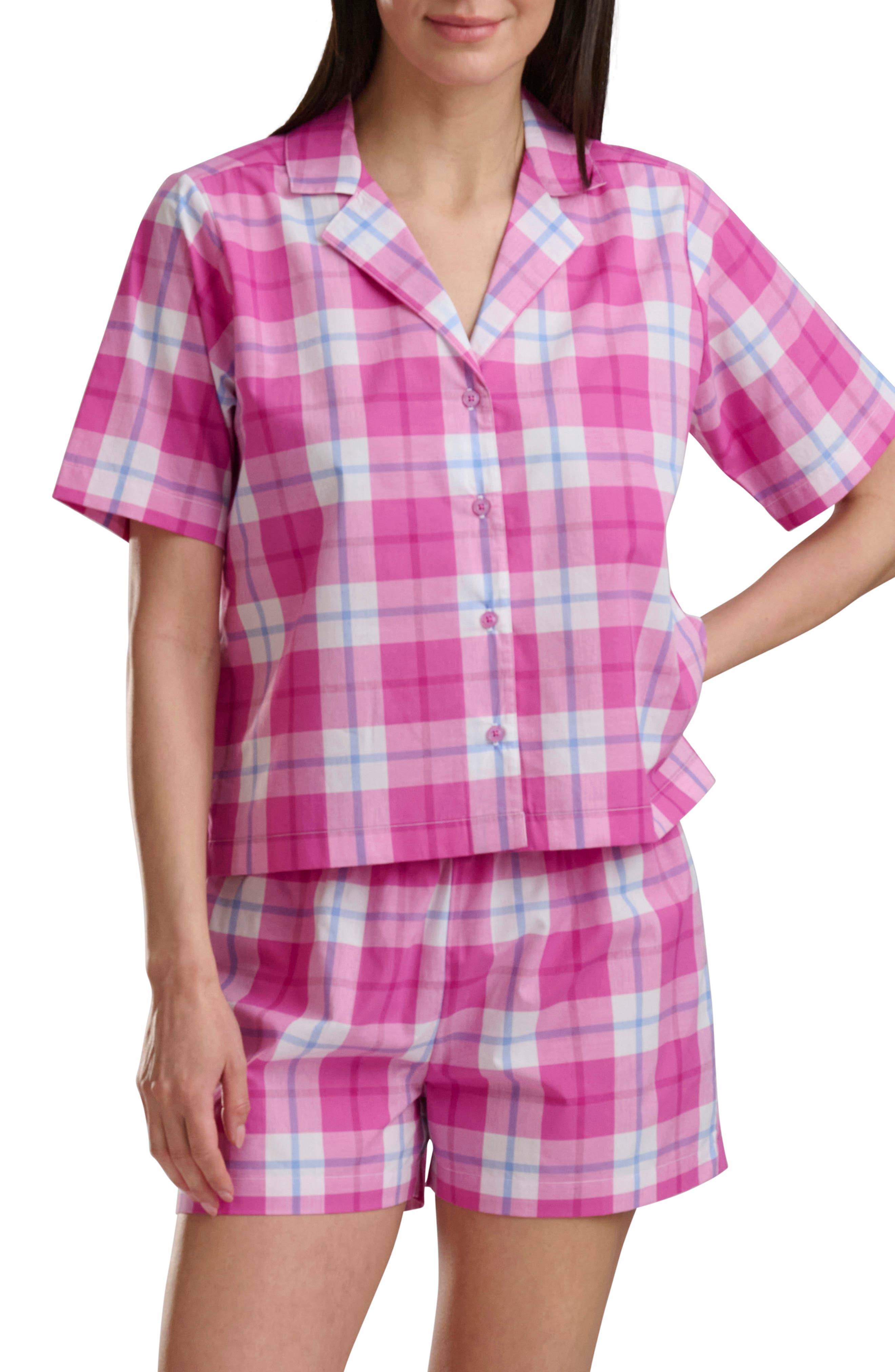 Plaid Short Sleeve Notch Top and Boxer Pajamas