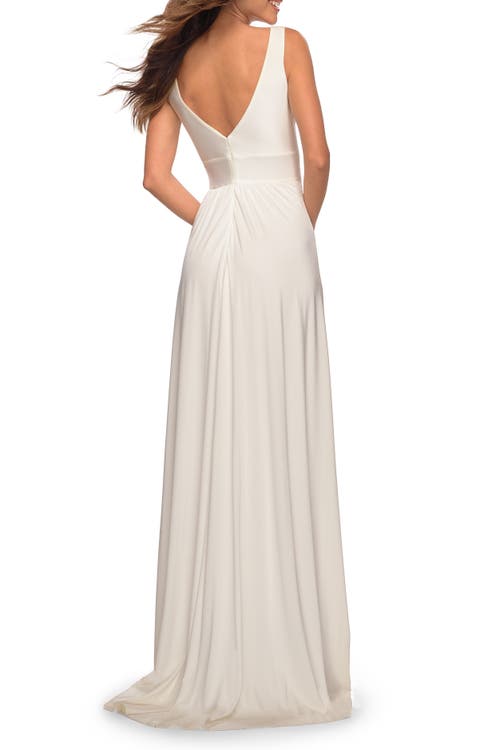 La Femme Empire Waist Gown With Deep V Neckline In White