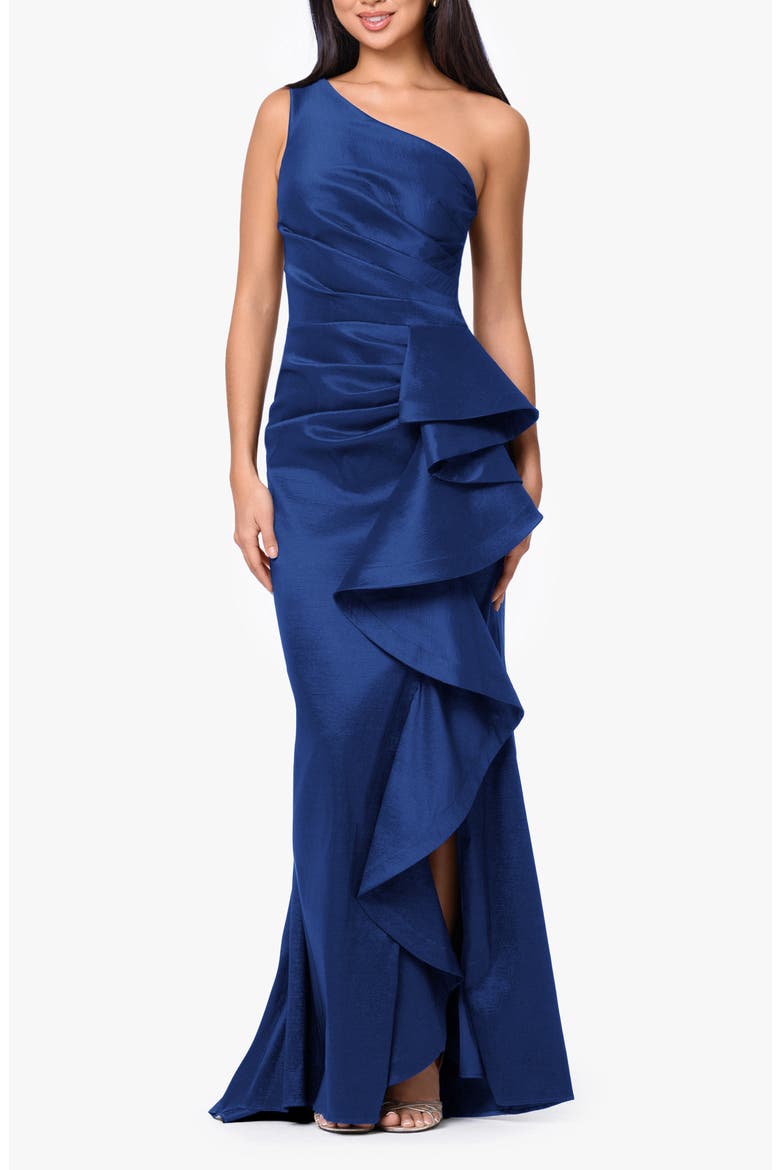 One-Shoulder Cascade Ruffle Gown, Main, color, ROYAL/ ROYAL