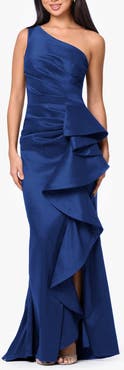 Betsy & Adam One-Shoulder Cascade Ruffle Gown