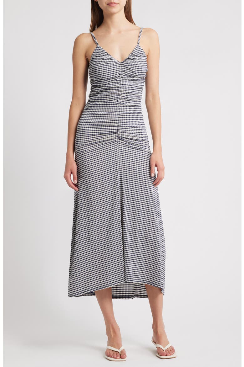 Mari Ruched Sleeveless Midi Dress, Main, color, NAVY GINGHAM