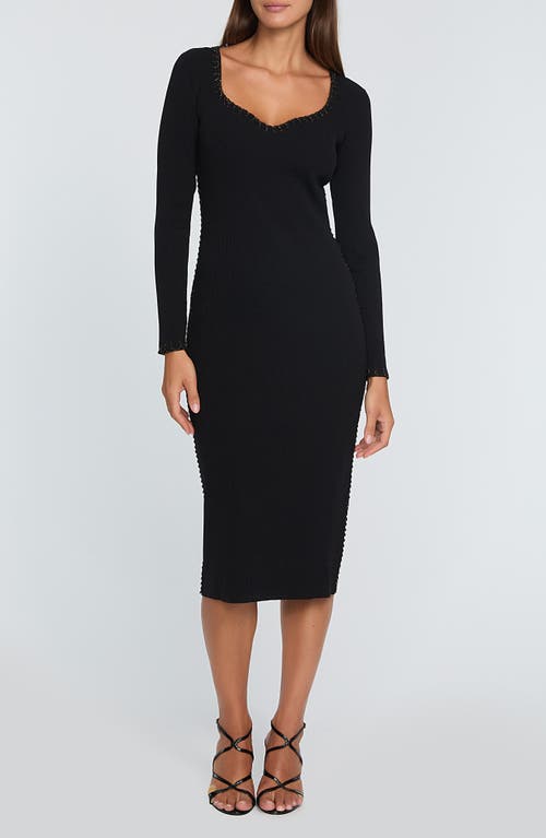 Shop Elie Tahari The Maddie Metallic Whipstitch Detail Long Sleeve Midi Sweater Dress In Noir