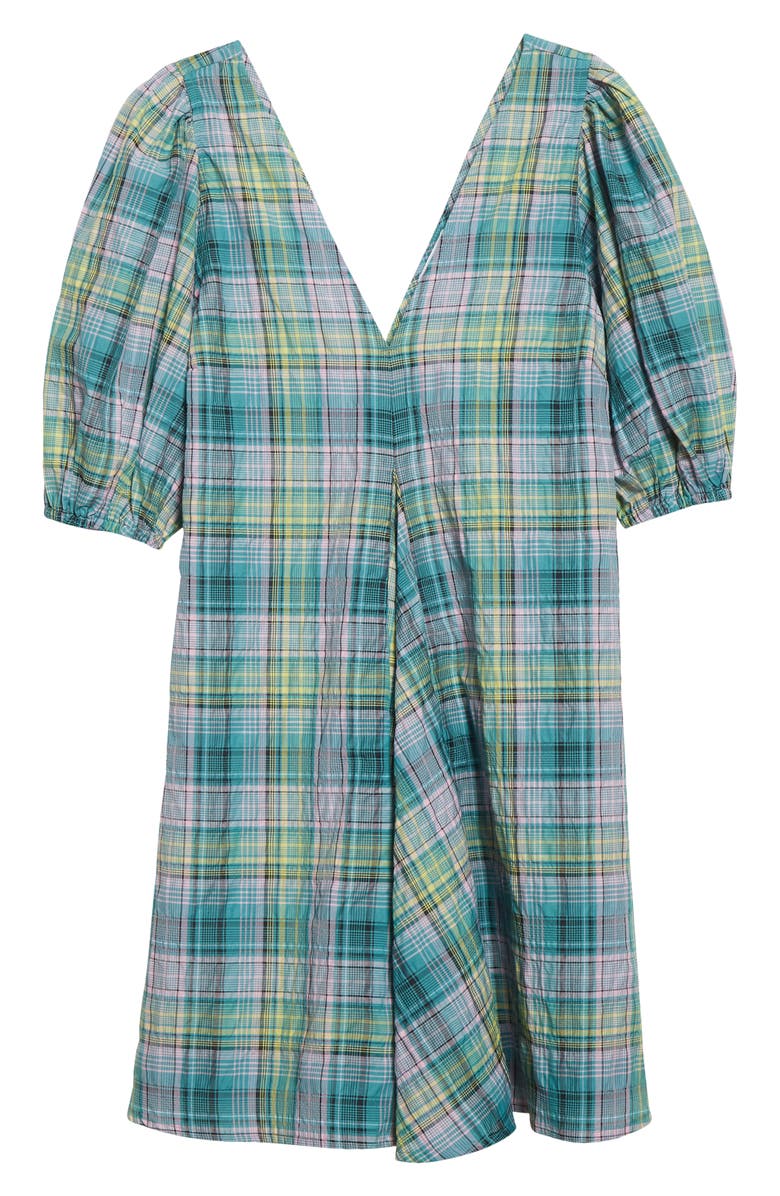 Ganni Plaid Check Organic Cotton Blend Seersucker Dress, Alternate, color,