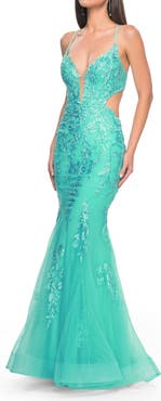 La Femme Lace and Tulle Mermaid Gown with Side Cut Outs