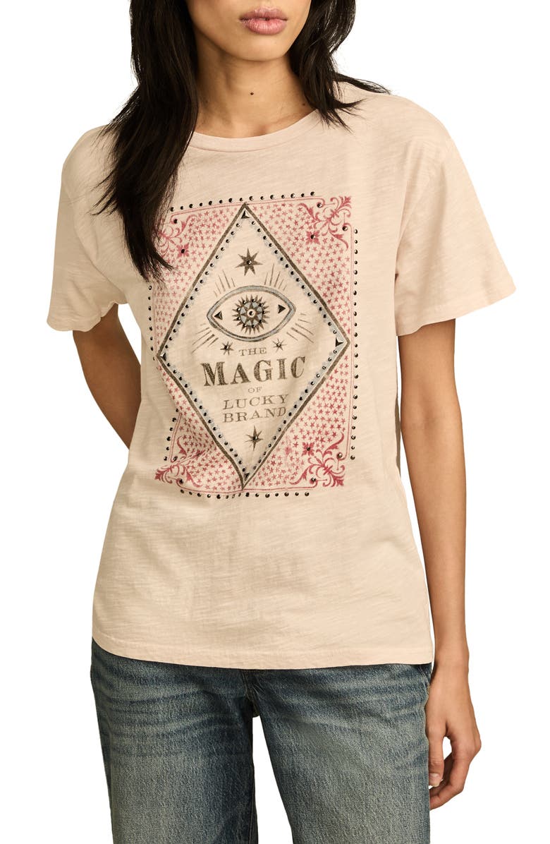 Lucky Brand Magic Eye Studded Cotton Graphic T-Shirt, Main, color, Peach Blush