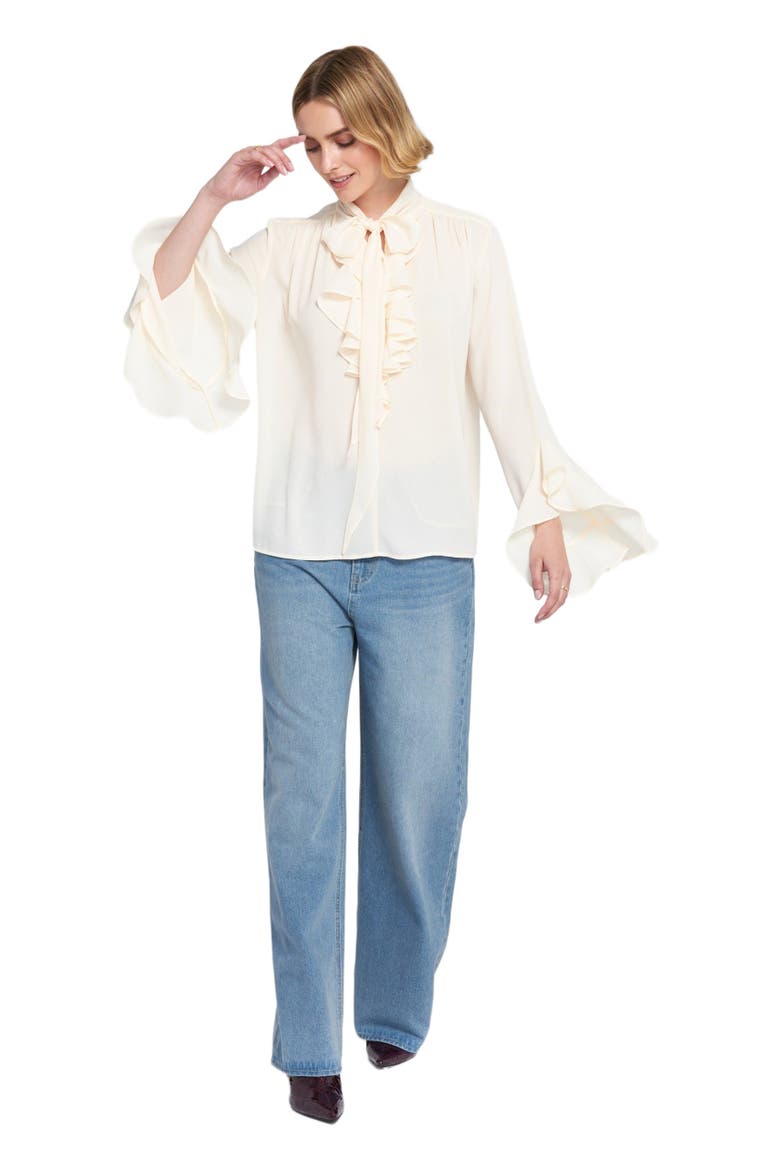 Flounce-Trimmed Tie-Neck Blouse Top, Main, color, Cream