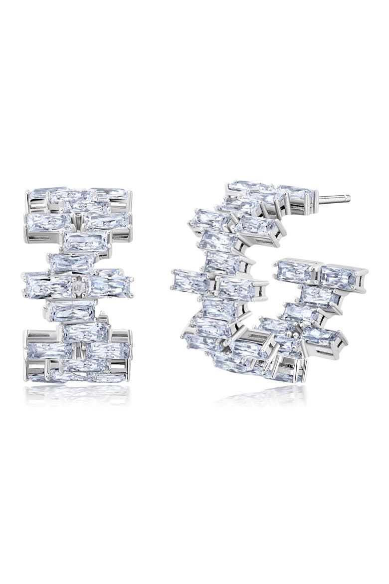 Baguette Cut Cubic Zirconia Huggie Hoop Earrings, Main, color, PLATINUM
