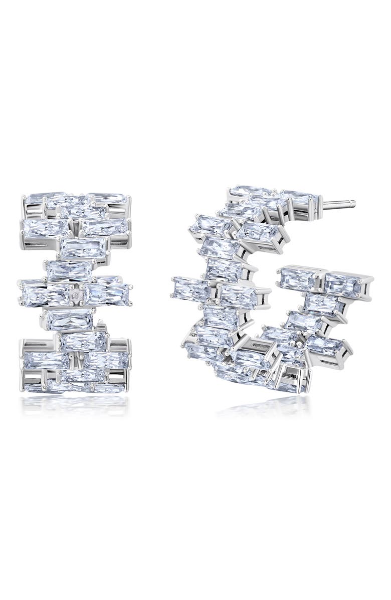 Crislu Baguette Cut Cubic Zirconia Huggie Hoop Earrings, Main, color, Platinum