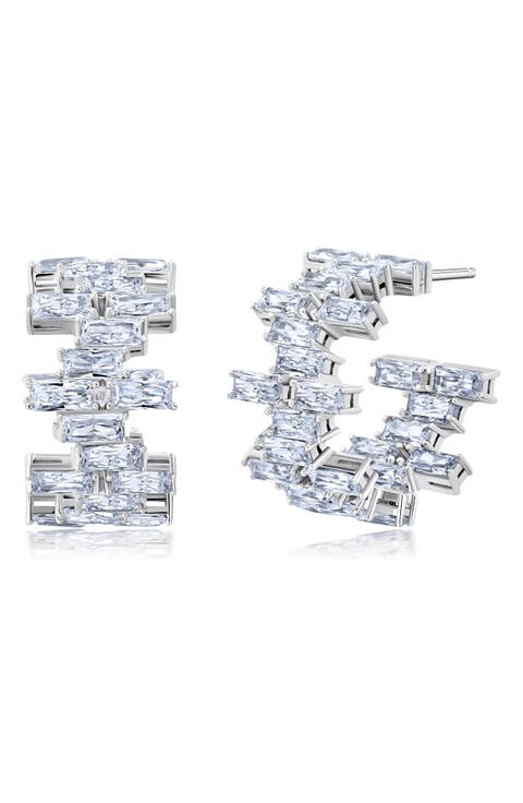 Baguette Cut Cubic Zirconia Huggie Hoop Earrings