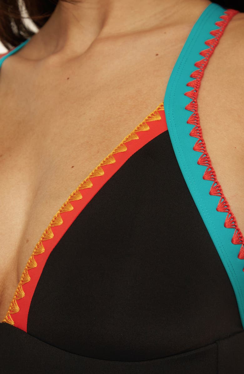 Lucky Brand Avila Embroidered Trim Colorblock Binding One-Piece Swimsuit, Alternate, color, Black