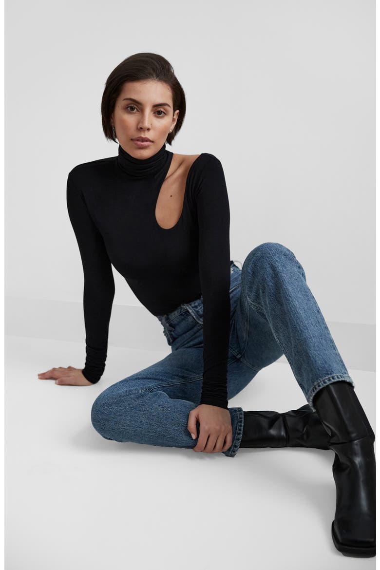 Allegra Asymmetric Turtleneck Top, Alternate, color, BLACK