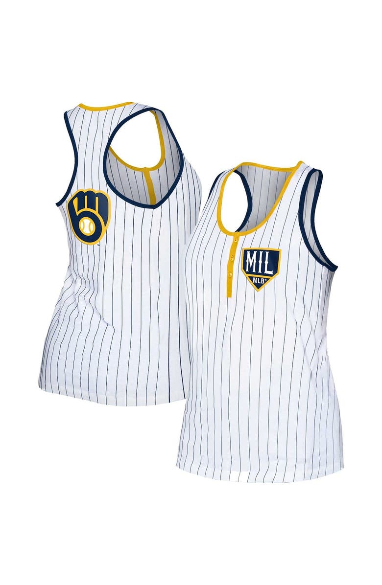New Era Women's New Era White Milwaukee Brewers Pinstripe Henley Racerback Tank Top, Main, color,