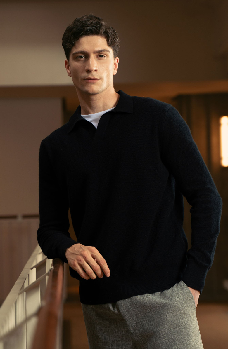Italic Olivier Birdseye Cashmere Long Sleeve Polo, Alternate, color, Black