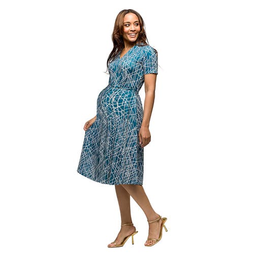 24seven Comfort Apparel Maternity Teal Print Short Sleeve Tie Waist Midi Dress