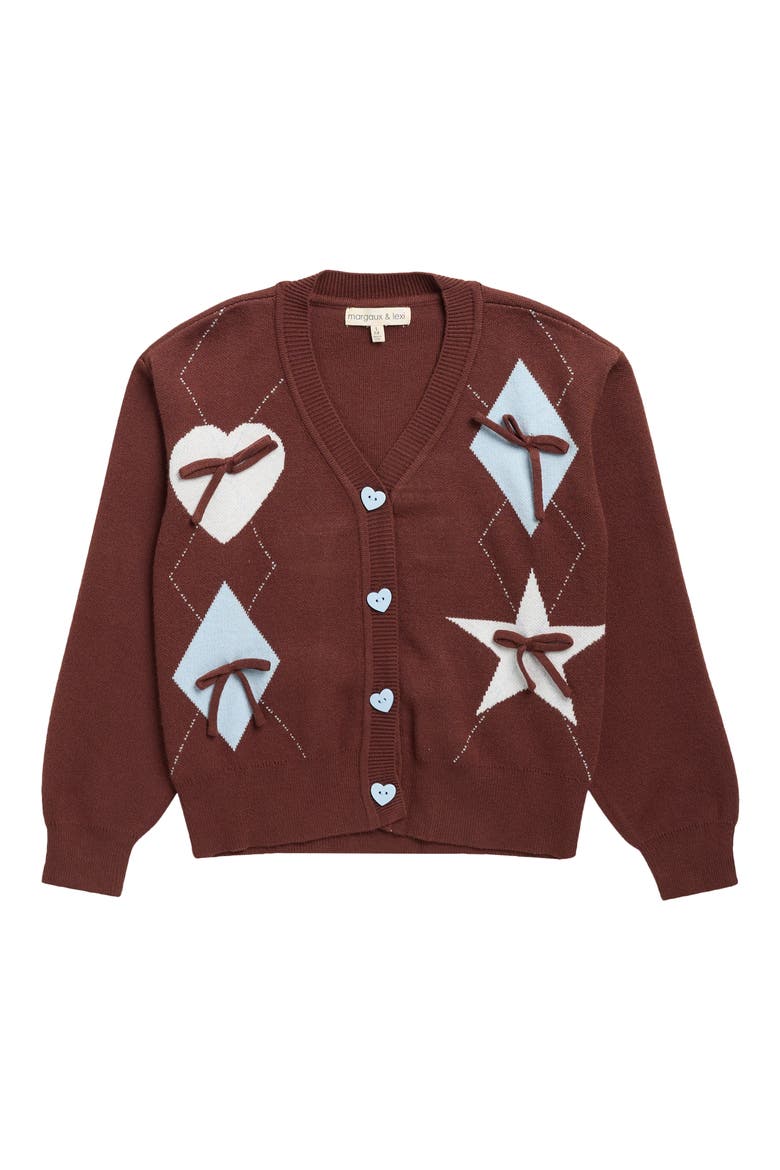 Kids' 3D Bow Jacquard Cardigan, Main, color, CHOCOLATE