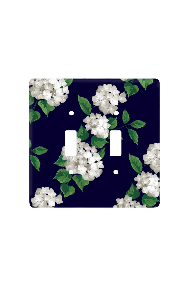 Navy with White Hydrangea Pattern Double Toggle Switchplate, Main, color, White