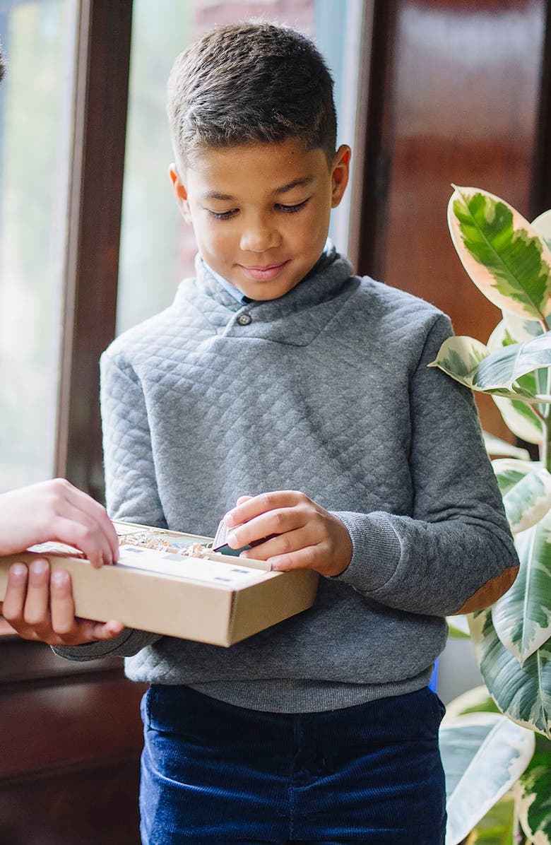 Hope & Henry Kids' Long Sleeve Quilted Shawl Collar Sweatshirt with Elbow Patches, Alternate, color, Quilted Dark Gray Heather