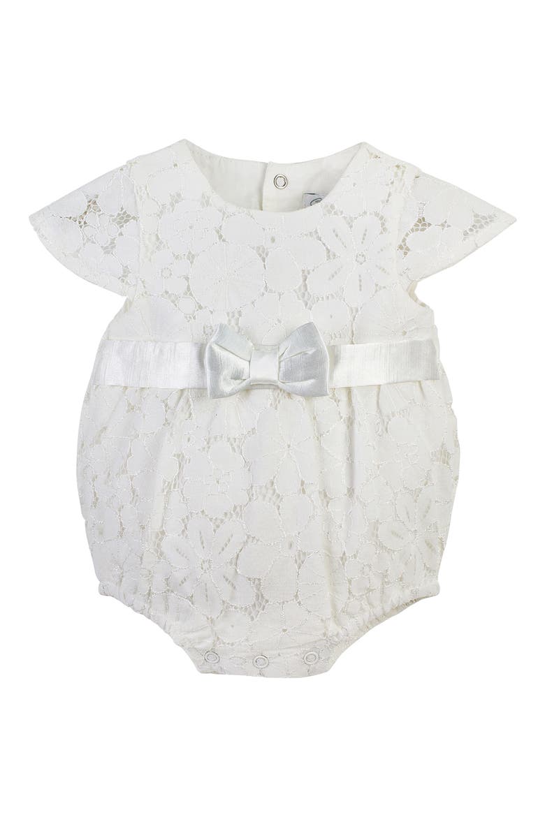 Lace Christening Bubble Bodysuit with Satin Bow, Main, color, OFF WHITE