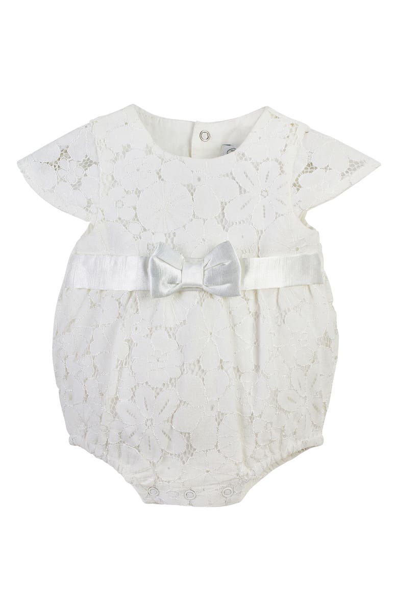 Carriage Boutique Lace Christening Bubble Bodysuit with Satin Bow, Main, color, Off White