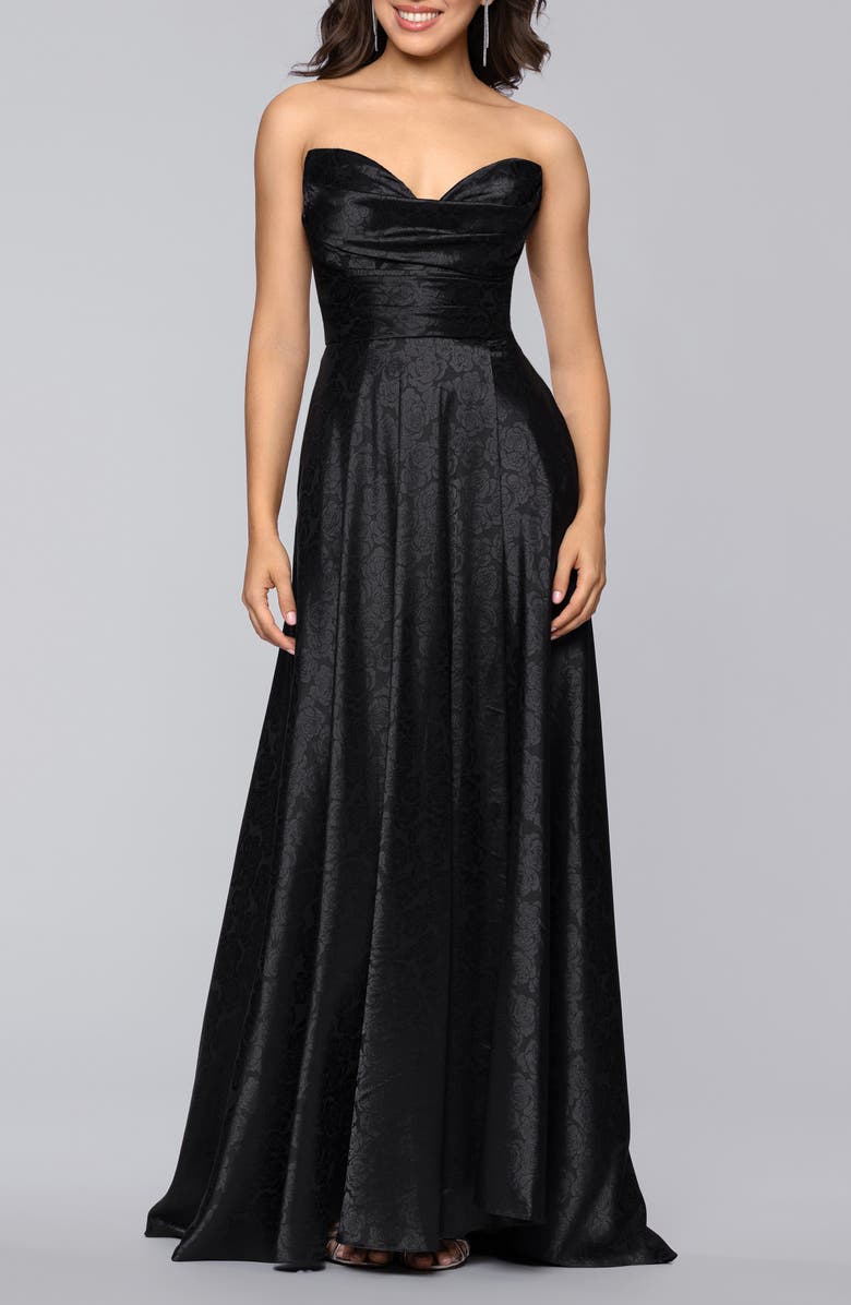 Blondie Nites Jaquard Strapless Gown, Main, color, Black