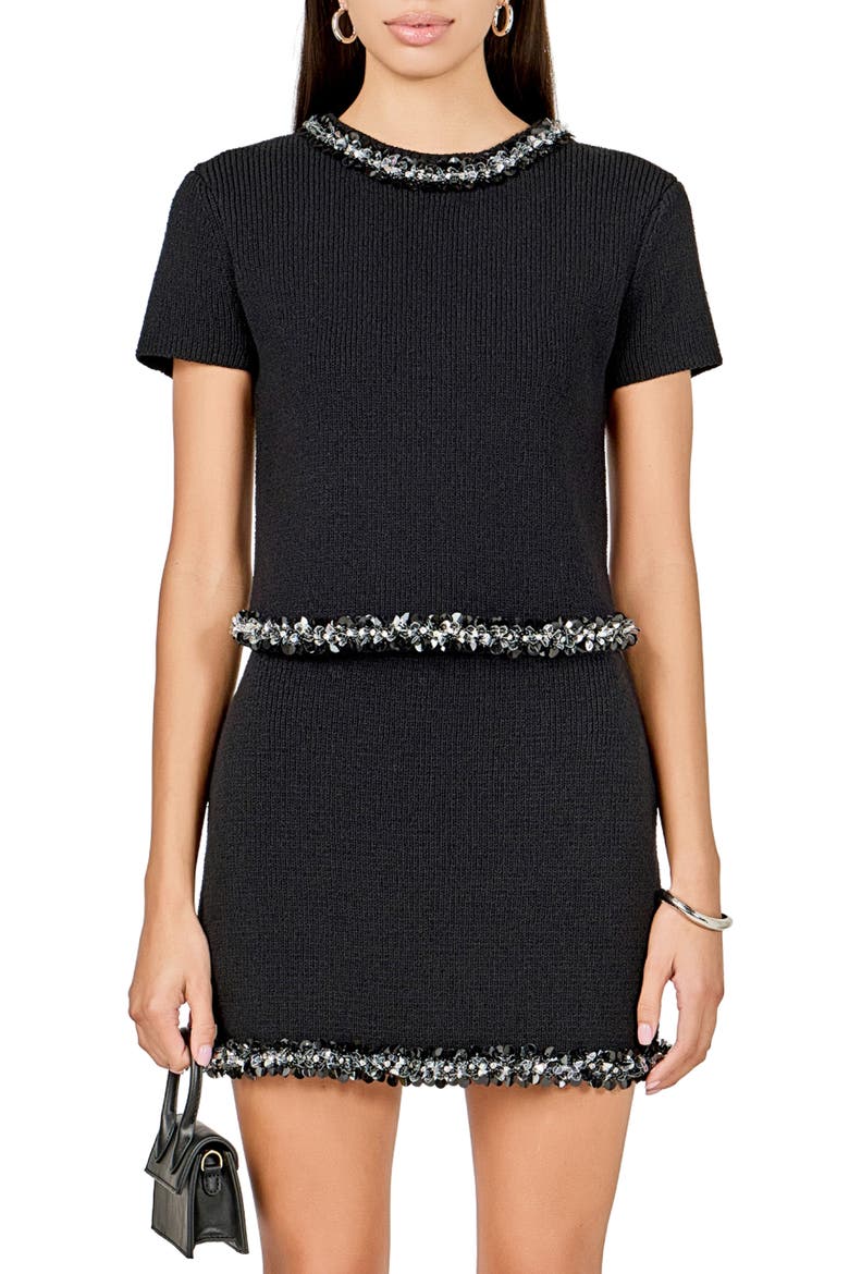 Jewel Trim Short Sleeve Sweater, Main, color, BLACK