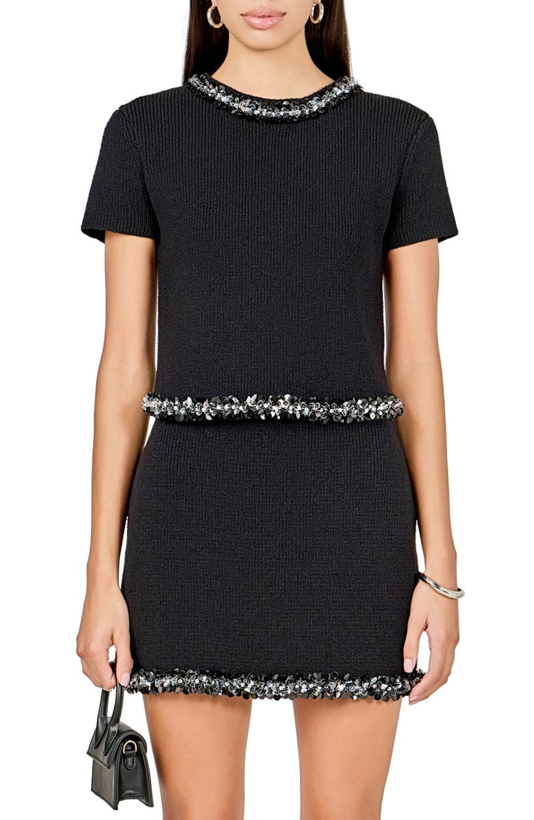 Endless Rose Jewel Trim Short Sleeve Sweater, Main, color, Black