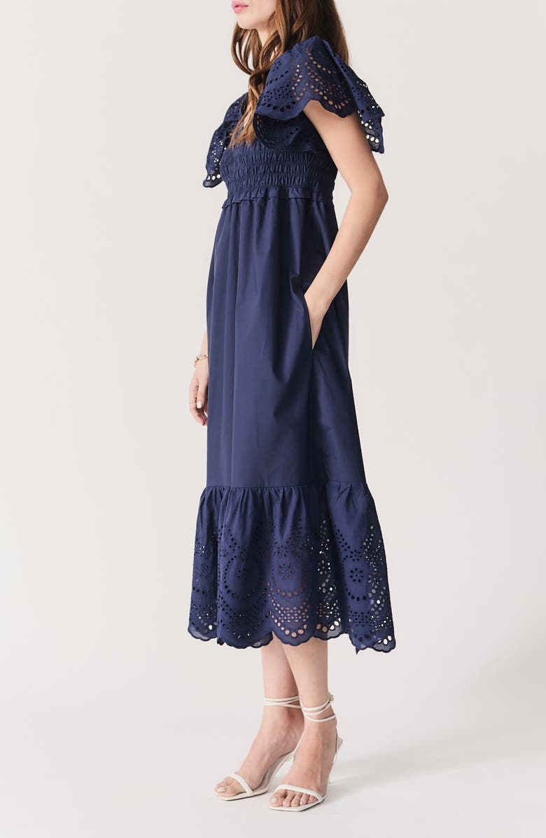 DELUC Avis Embroidered Ruffle Cotton Midi Dress, Alternate, color,