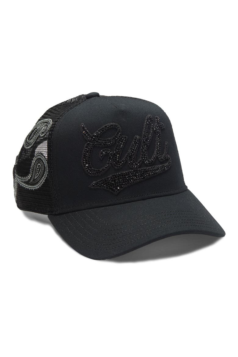 Paisley Crystal Logo Trucker Hat, Alternate, color, BLACK