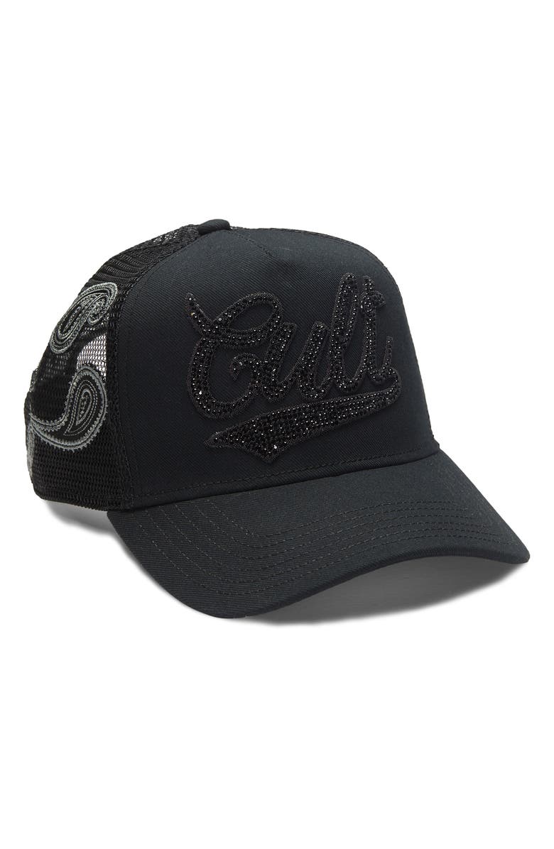 Cult of Individuality Paisley Crystal Logo Trucker Hat, Alternate, color, Black