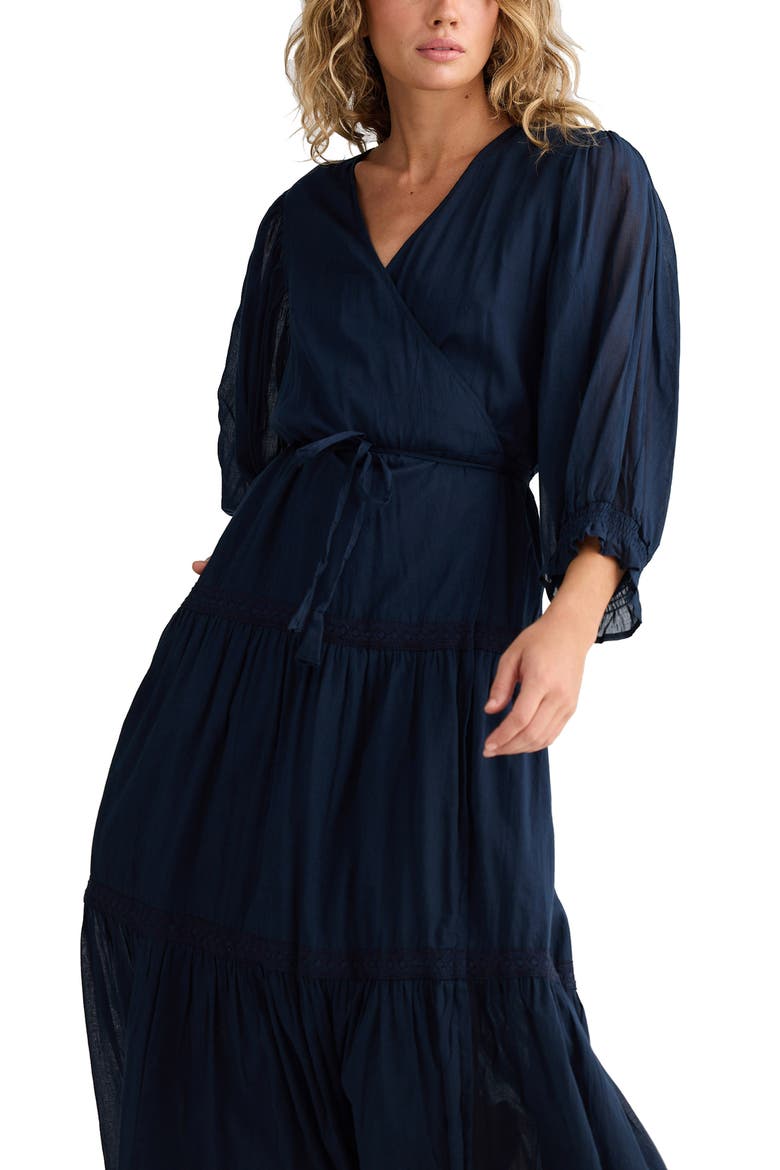 Lunar Wrap Front Tiered Cotton Dress, Alternate, color, NAVY
