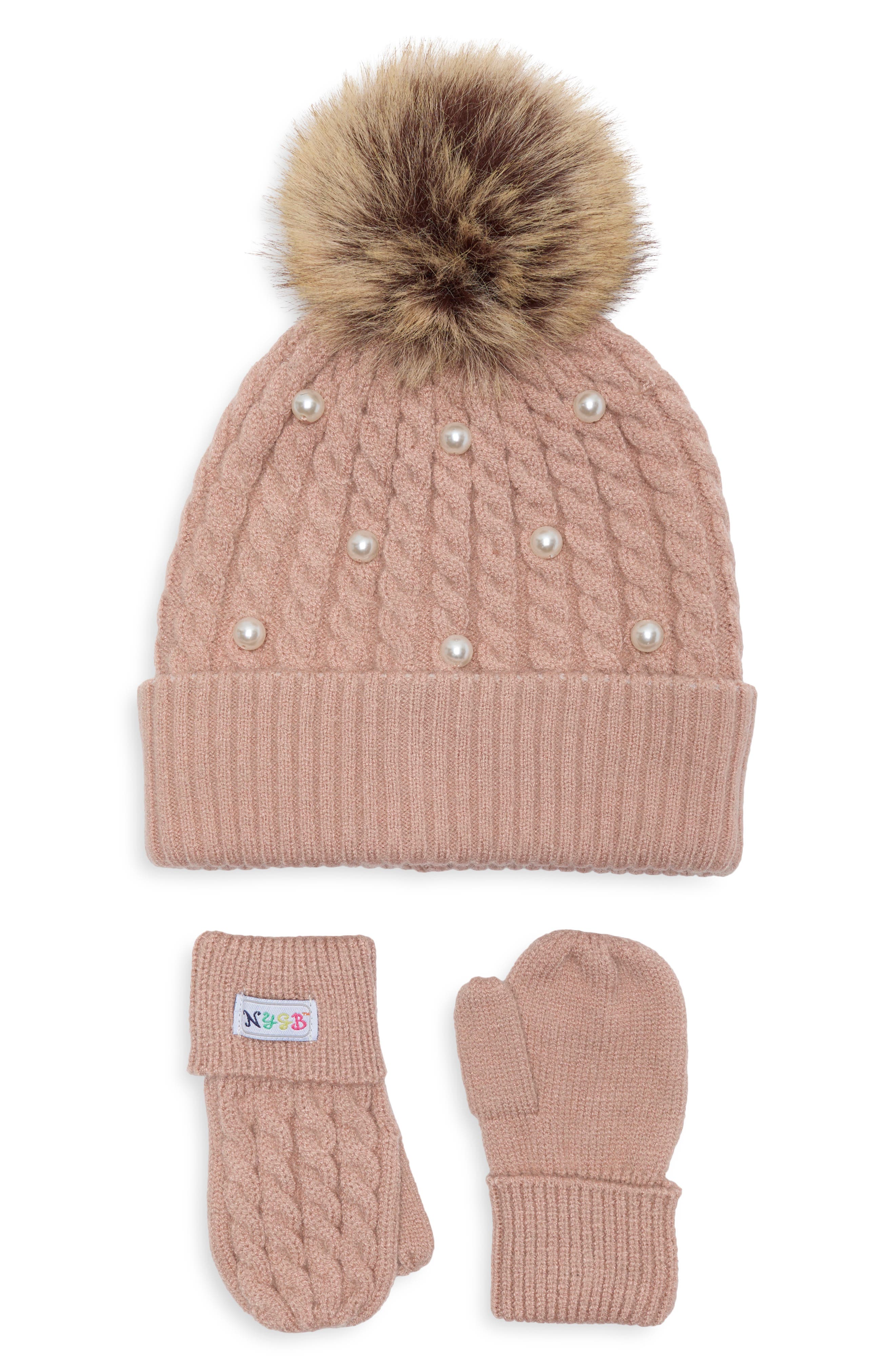 Faux Pearl Hat & Mittens Set