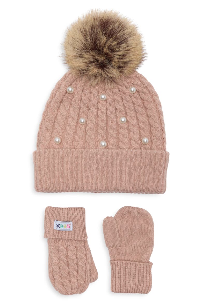 Faux Pearl Hat & Mittens Set, Main, color, CLAY