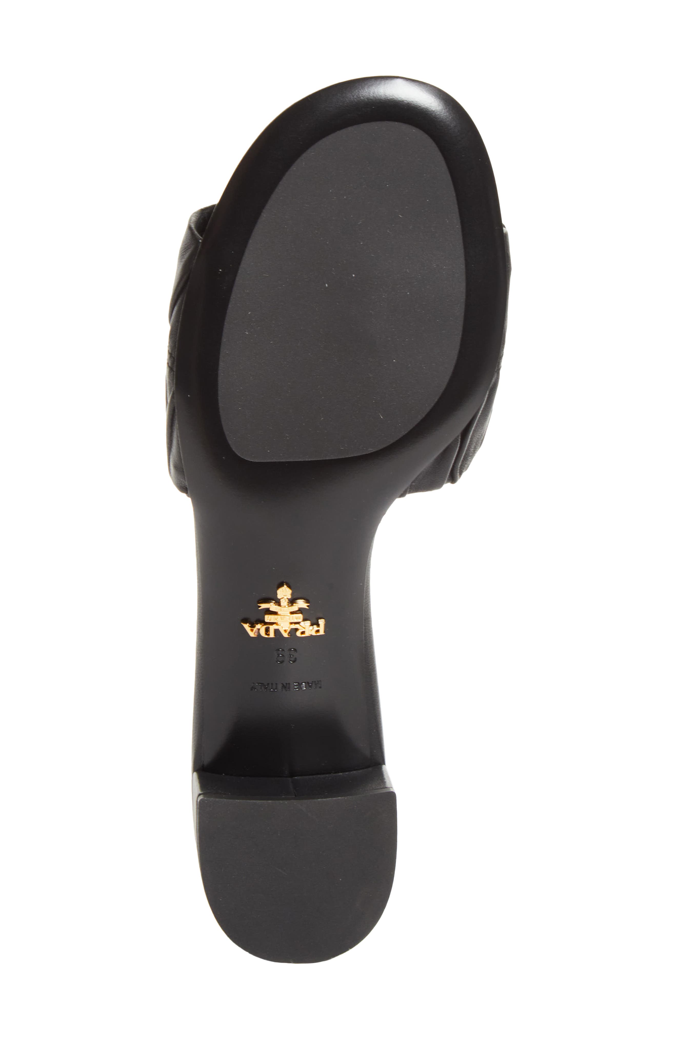 Prada Ruched Logo Sandal, Alternate, color, Nero