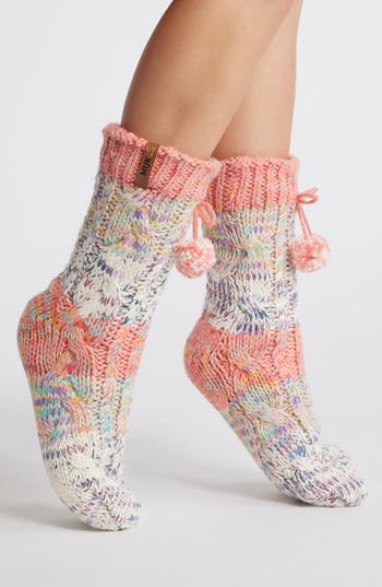 Muk Luks Cottage Faux Fur Lined Crew Socks In Pink Multi