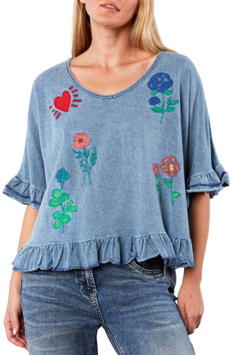 Floral & Heart Ruffle T-Shirt, Alternate, color, DENIM WASH