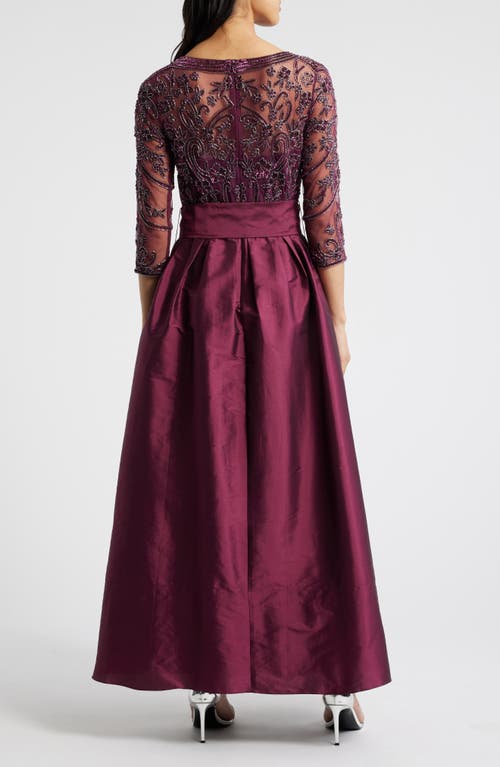 Pisarro Nights Beaded Illusion Neck Taffeta Cocktail Dress In Burgundy
