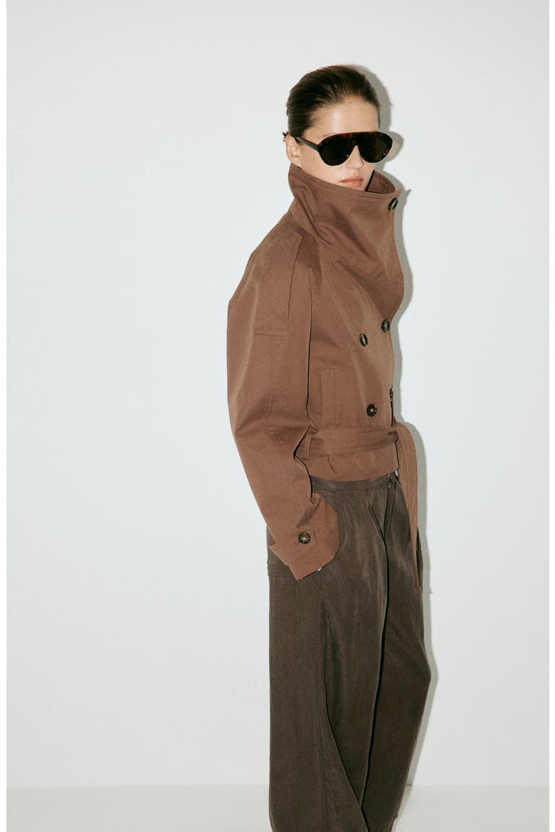 Double Breasted Crop Cotton Blend Trench Coat, Alternate, color, BROWN