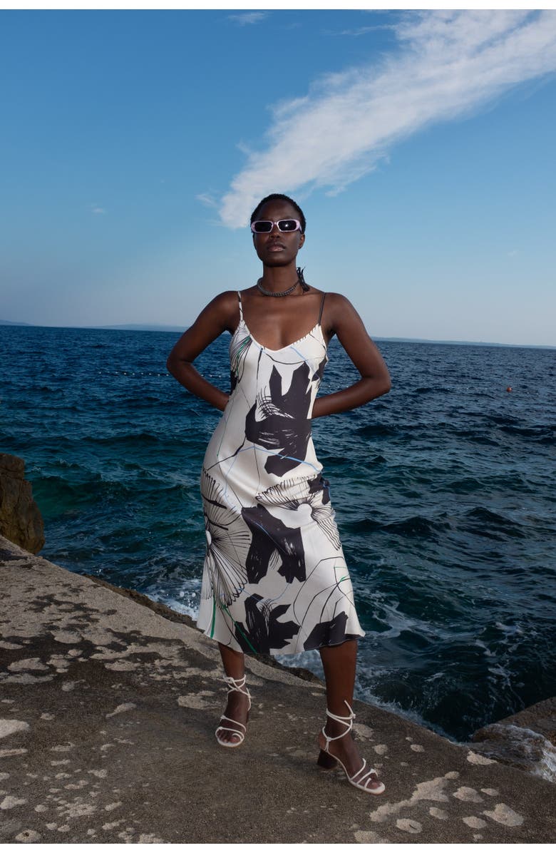 Untitled in Motion Desire Silky Printed Midi Slip Dress, Alternate, color, Ink Flower Cream