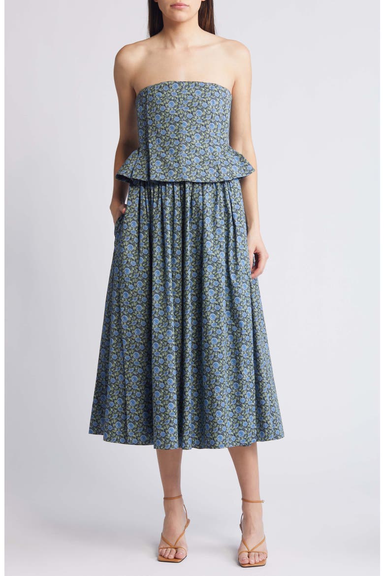 Floral Ditsy Pintuck Peplum Strapless Midi Dress, Main, color, PICNIC NIGHT